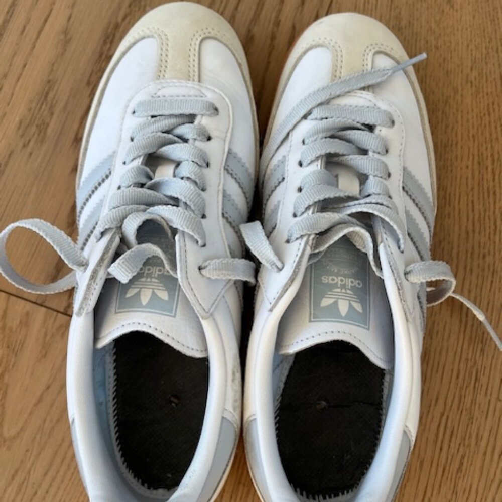 Woman's White and light blue Adidas Samba - Size 7.5
